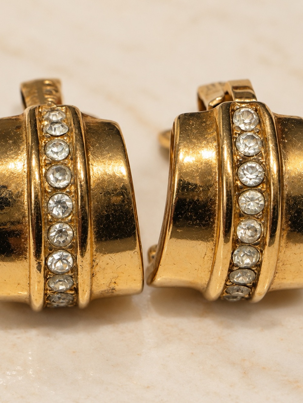Vintage Christian Dior Gold Tone Rhinestone Half Hoop Clip Earrings
